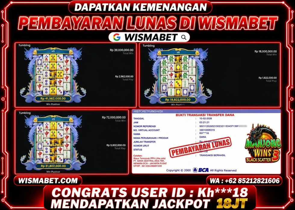 Wismabet - BUKTI KEMENANGAN Mahjong Wins 3 Kh***18 Rp18,000,000,- LUNAS