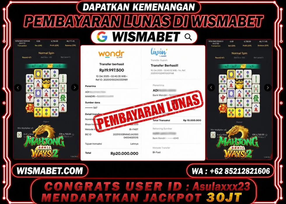 Wismabet - BUKTI KEMENANGAN Mahjong Ways 2 Rp30,000,000,- LUNAS