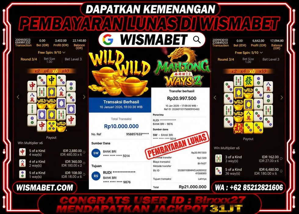 Wismabet - BUKTI KEMENANGAN Mahjong Ways 2 Rp31,000,000,- LUNAS
