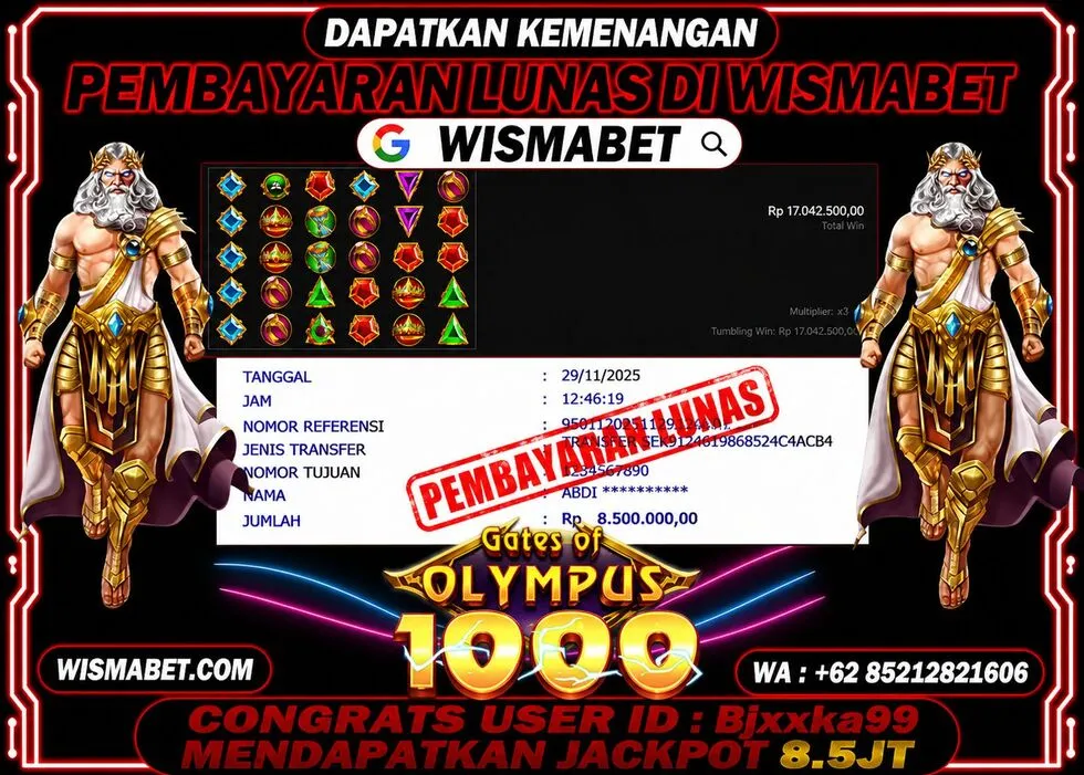 Wismabet - BUKTI KEMENANGAN Gates of Olympus 1000 Rp8,500,000,- LUNAS