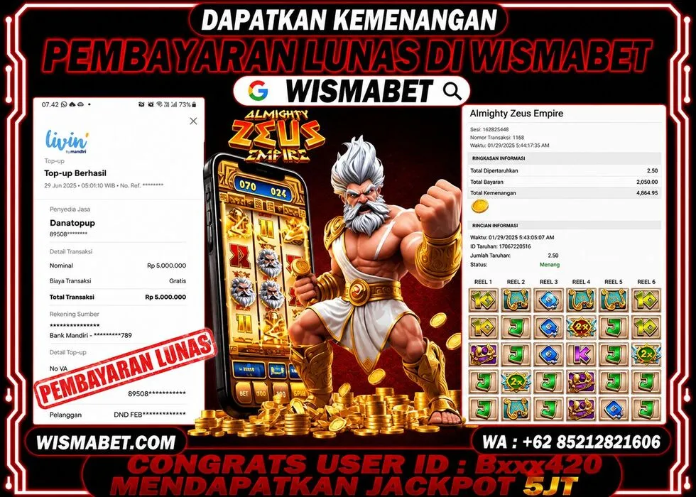 Wismabet - BUKTI KEMENANGAN Almighty Zeus Empire Rp5,000,000,- LUNAS