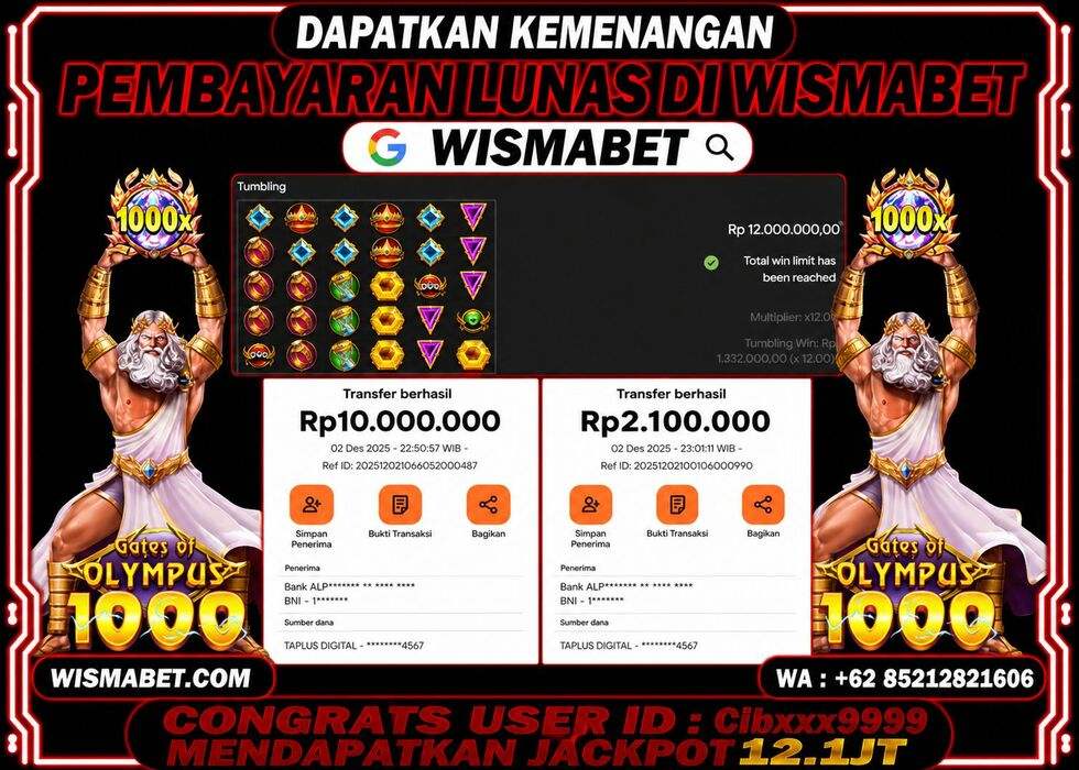 Wismabet - BUKTI KEMENANGAN MAXWIN Gates of Olympus 1000 Rp12,100,000,- LUNAS