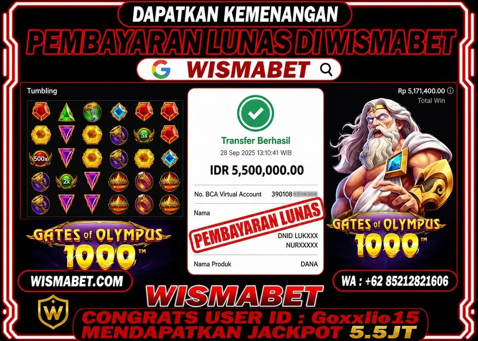 Wismabet - BUKTI KEMENANGAN Gates Of Olympus 1000x Rp5,500,000,- LUNAS