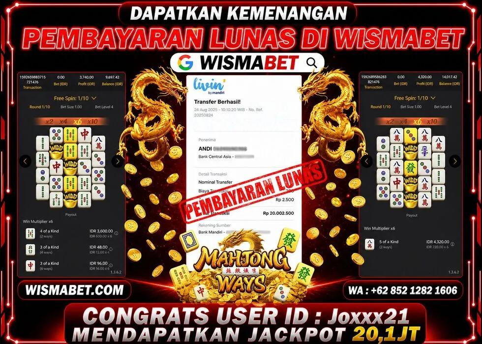 Wismabet - BUKTI KEMENANGAN Mahjong Ways 2 Rp20,100,000,- LUNAS