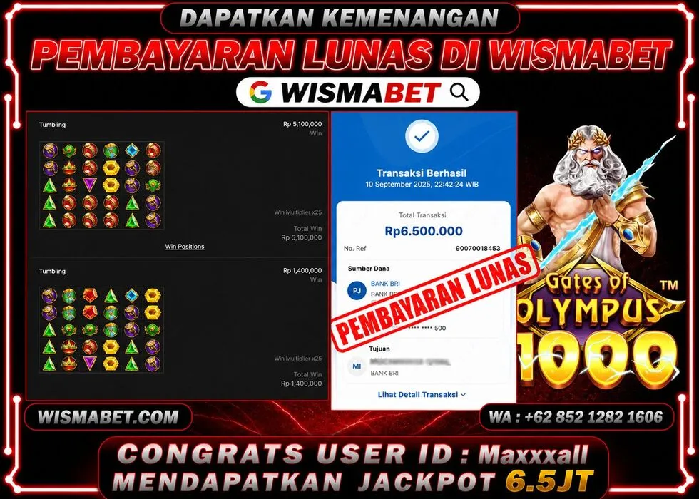 Wismabet - BUKTI KEMENANGAN Gates Of Olympus 1000x Rp6,500,000,- LUNAS
