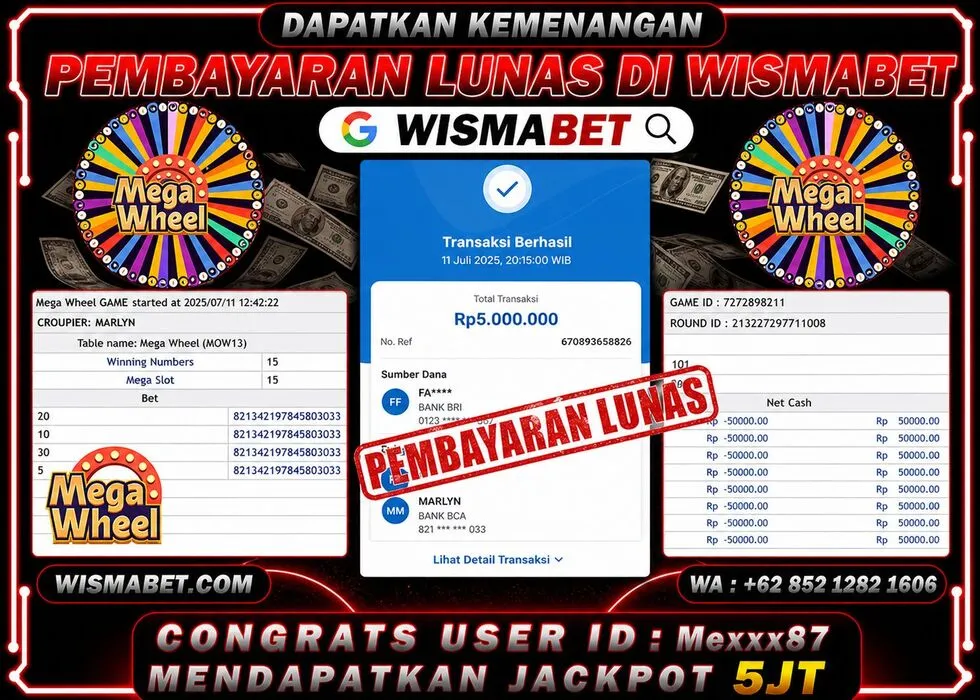 Wismabet - BUKTI KEMENANGAN MEGA WHEEL Rp5,000,000,- LUNAS