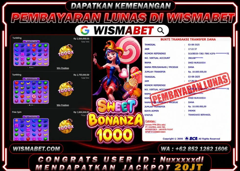 Wismabet - BUKTI KEMENANGAN Sweet Bonanza x1000 Rp20,000,000,- LUNAS