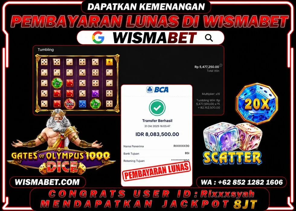 Wismabet - BUKTI KEMENANGAN Gates Of Olympus 1000x Dice Rp8,090,000,- LUNAS