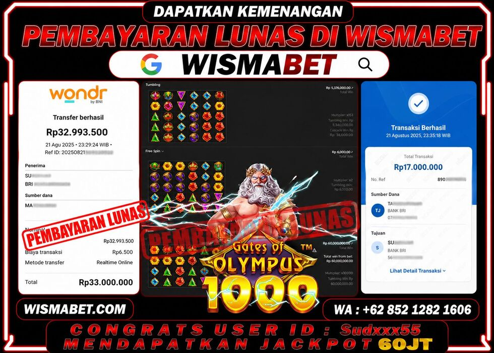 Wismabet - BUKTI KEMENANGAN Gates Of Olympus x1000 Rp60,000,000,- LUNAS