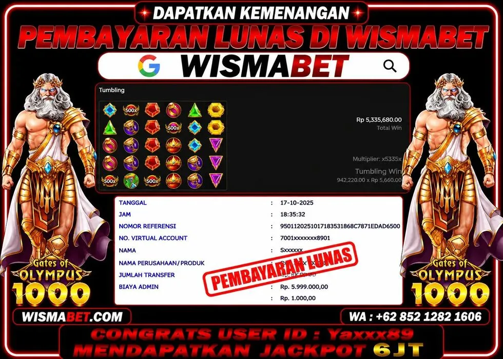 Wismabet - BUKTI KEMENANGAN Gates Of Olympus 1000x Rp6,000,000,- LUNAS