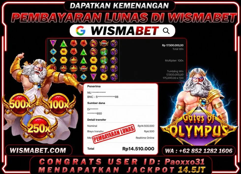 Wismabet - BUKTI KEMENANGAN JACKPOT Gates of Olympus Rp14,510,000,- LUNAS