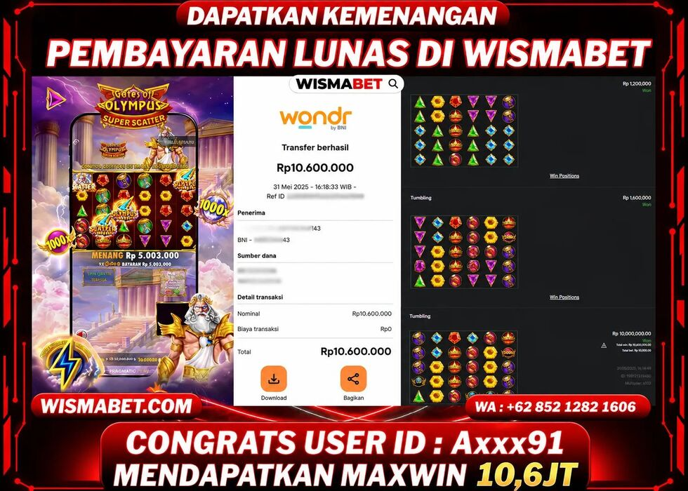 Wismabet - BUKTI KEMENANGAN MAXWIN Gates of Olympus Super Scatter Rp10,600,000,- LUNAS