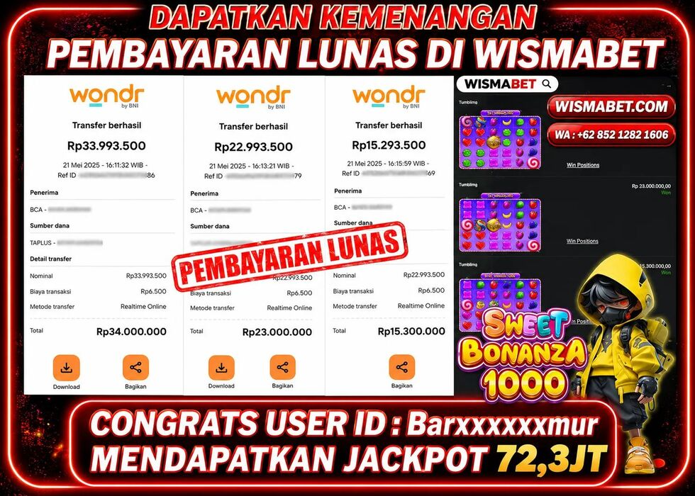 Wismabet - BUKTI KEMENANGAN JACKPOT SWEET BONANZA 1000 Rp72,300,000,- LUNAS