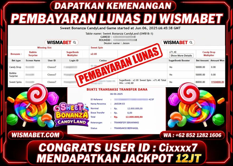Wismabet - BUKTI KEMENANGAN Sweet Bonanza CandyLand Rp12,000,000,- LUNAS