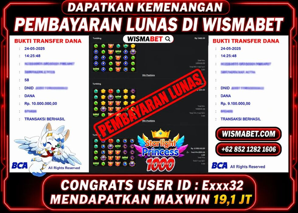 Wismabet - BUKTI KEMENANGAN MAXWIN Starlight Princess 1000 Rp19,200,000,- LUNAS