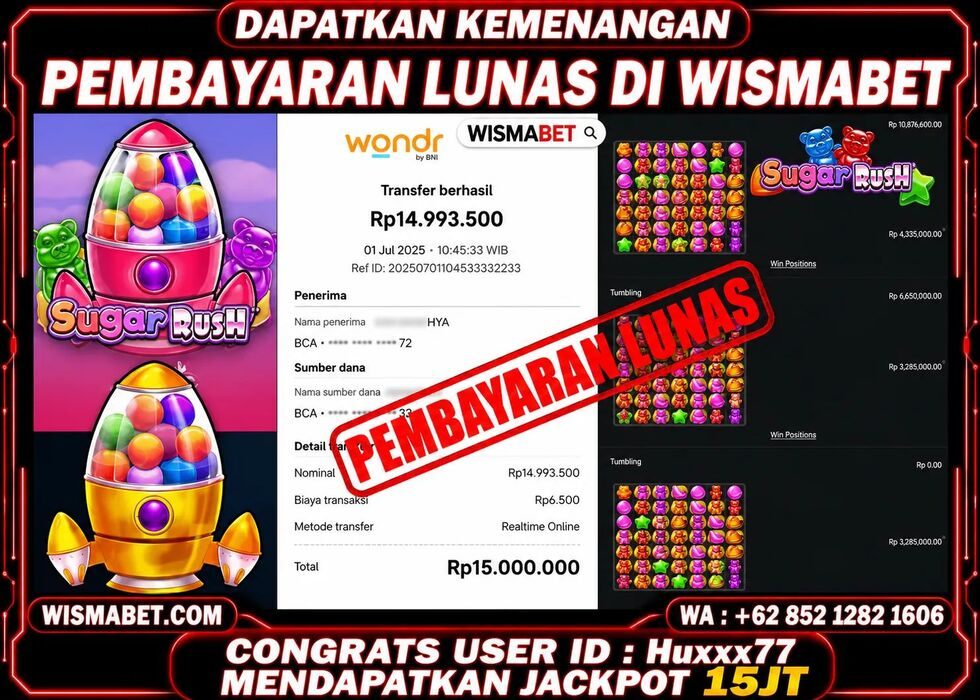 Wismabet - BUKTI KEMENANGAN Sugar Rush Rp15,000,000,- LUNAS