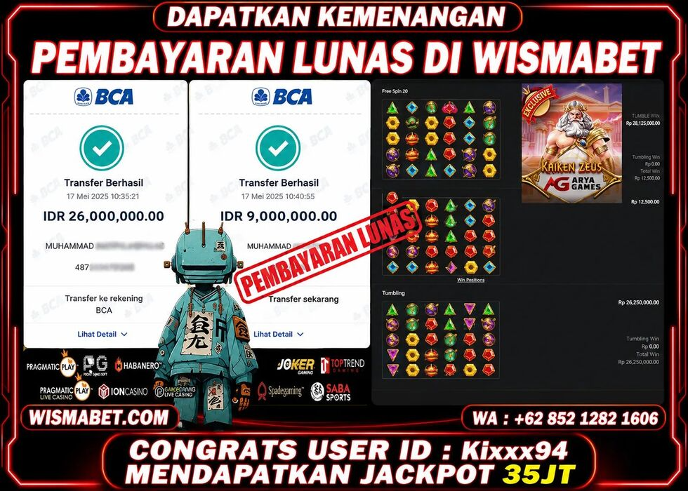 Wismabet - BUKTI KEMENANGAN JACKPOT KAKEK ZEUS ARYAGAMES Rp35,000,000,- LUNAS