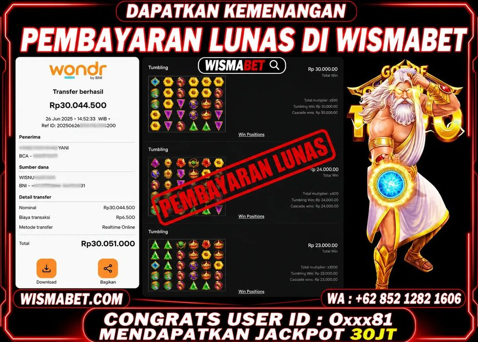 Wismabet - BUKTI KEMENANGAN Gates of Olympus 1000 Rp30,044,500,- LUNAS