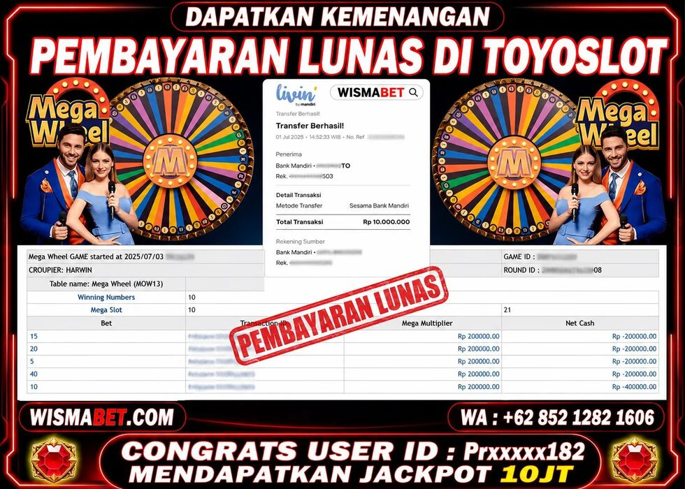 Wismabet - BUKTI KEMENANGAN Mega Wheel Rp10,000,000,- LUNAS