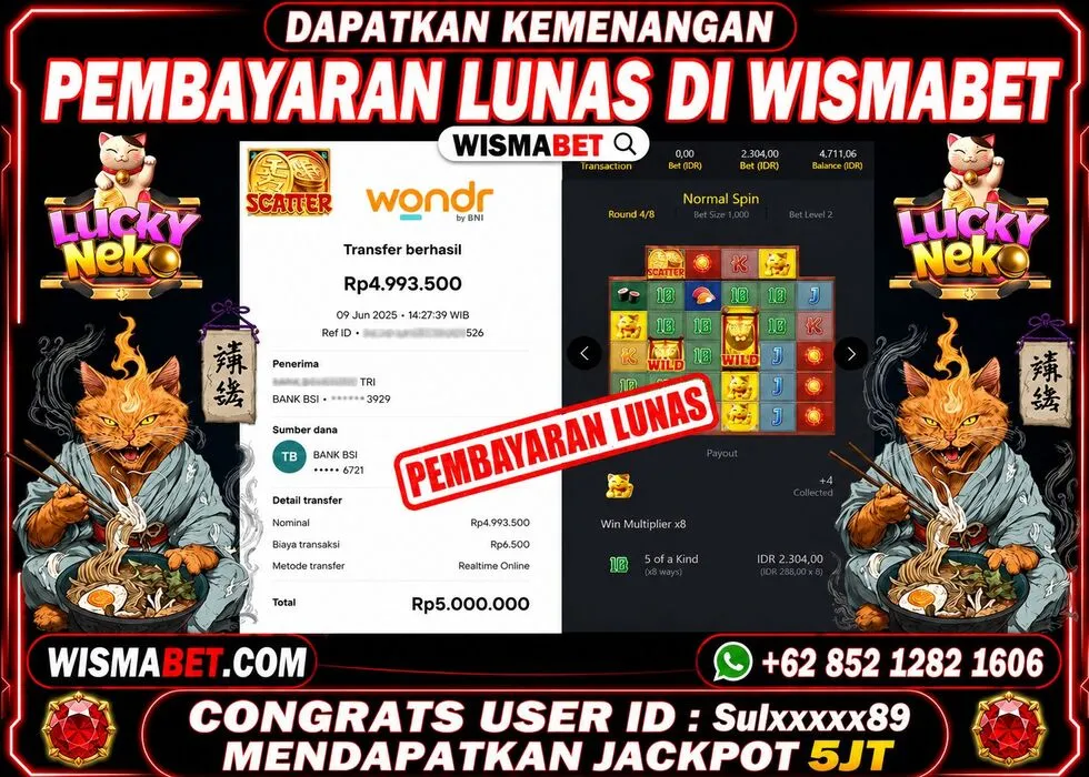 Wismabet - BUKTI KEMENANGAN Lucky Neko Rp5,000,000,- LUNAS