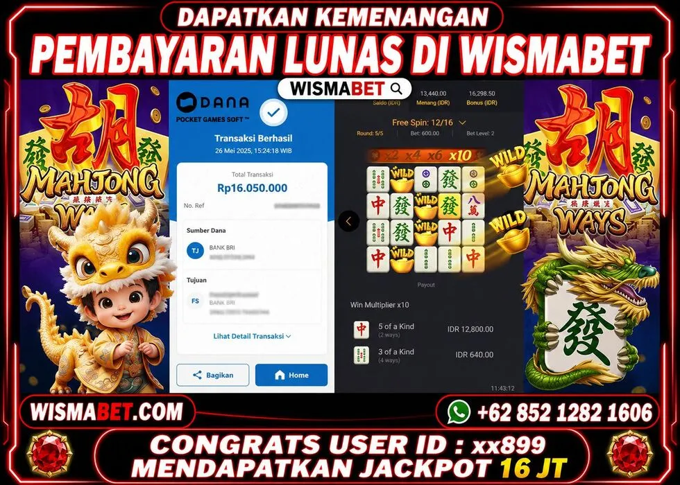 Wismabet - BUKTI KEMENANGAN JACKPOT MAHJONG WAYS Rp16,050,000,- LUNAS